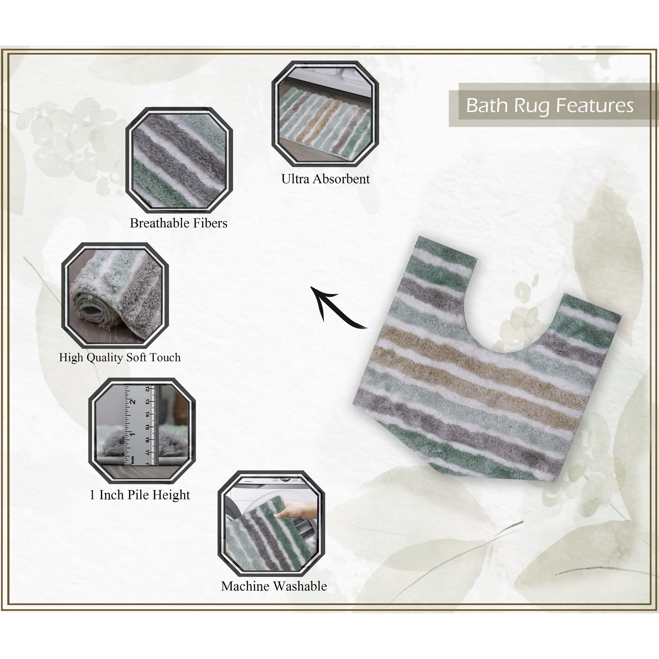Luxury Toilet Rugs U-Shaped 20x20, Extra Soft and Absorbent Microfiber Bathroom Rugs, Non-Slip Plush Shaggy Bath Mat, Machine Wash Dry, Contour Bathroom Mats for Toilet Base, Green