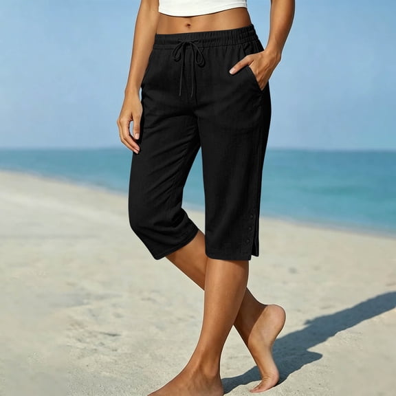 Drovellove Women's Plus Size High Waisted Casual Shorts with Drawstring Side Split - Cotton Linen Summer Pants for Beach Vacation or Weekend Outing