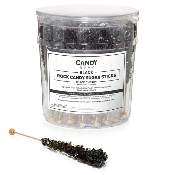 Candy Envy Black Rock Candy Sugar Stick, Black Cherry Flavored, 36 Count, Indiv. Wrapped