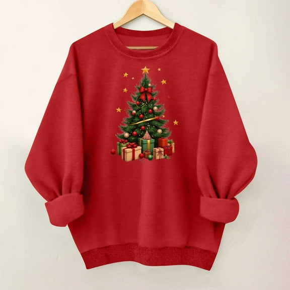 SYMOID Womens Christmas Sweatshirt, 100% Cotton Loose Fit Crewneck, Red Christmas Tree Print Festive Sweatshirt for Holiday Party & Casual Wear,Size 2XL