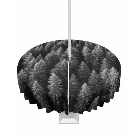 Fsddascl Gray Forest Outdoor Tablecloth - 54 Inch Round Dining Table Cover, Pine Trees Modern Mysterious Art Waterproof Outdoor Table Cloth with Umbrella Hole & Zipper for Picnic/Patio/Party
