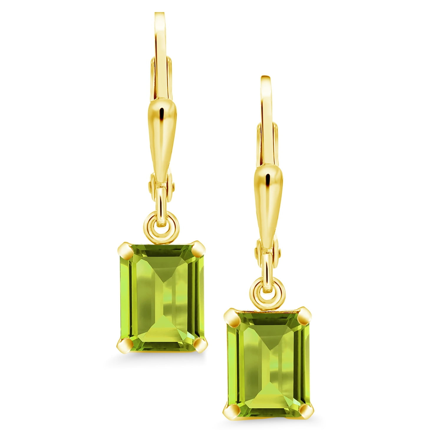 Gem Stone King 18K Yellow Gold Plated Silver Green Peridot Dangle Earrings for Women (3.20 Cttw, Gemstone August Birthstone, Emerald Cut 8X6MM)
