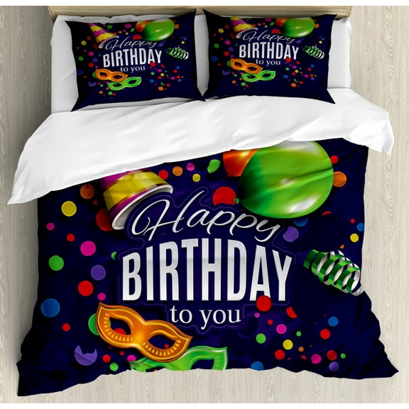 Birthday Duvet Cover Set King Size, Colorful Balloons Curling Ribbons Carnival Mask Party Hat Confetti Desgin Print, Decorative 3 Piece Bedding Set with 2 Pillow Shams, Multicolor, by Ambesonne