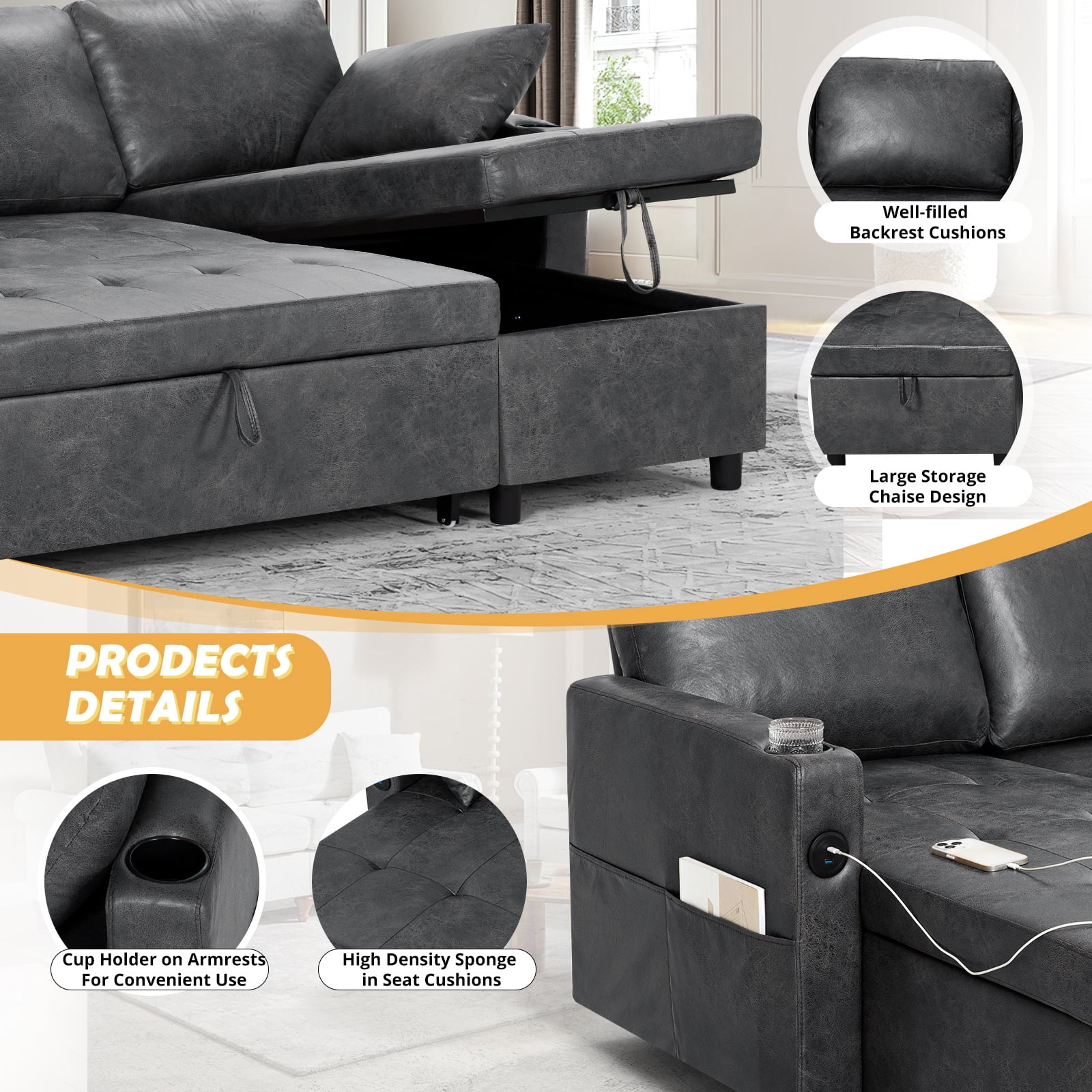 ACMEASE 84" Suede Leather Sectional Sofa w/Adjustable Backrests, Pull Out Sofa Bed w/USB Charger Port& Reversible Storage Chaise,Convertible L-Shaped Sofa with Cup Holders for Living Room, Gray