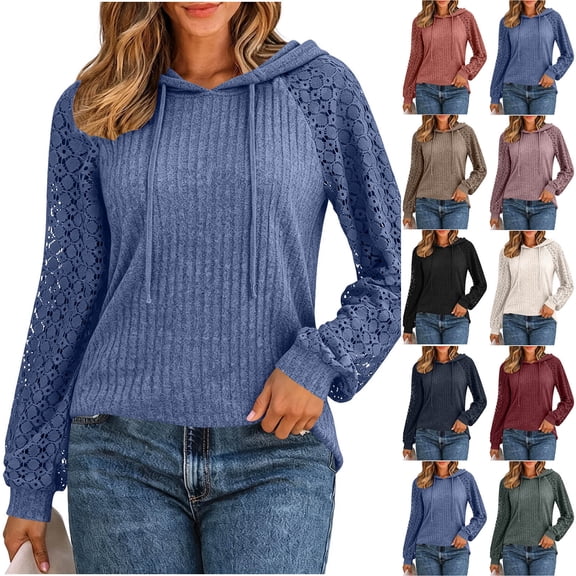 Gaigiky Shirts for Women Round Neck Drawstring Hoodies Solid Color Lace Spliced Long Sleeve Loose Fit Fall Daily Casual Pullover Outfits