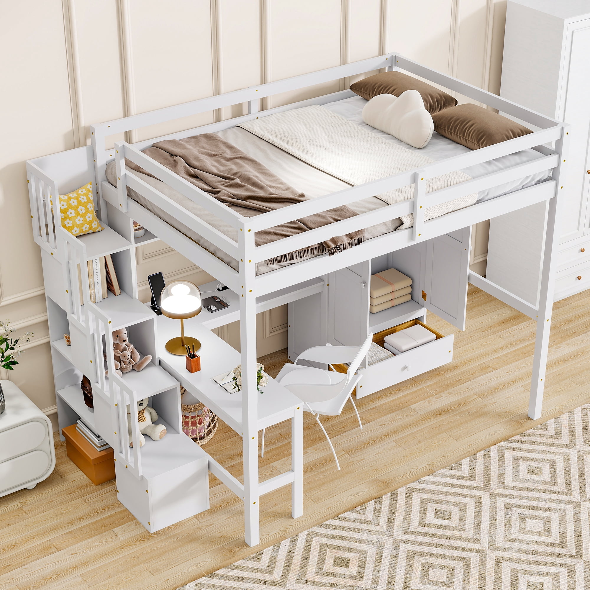 Mintazer Full Size Loft Bed with L-Shaped Desk & Wardrobe, Loft Bed with Storage Staircase & Charging Station, White
