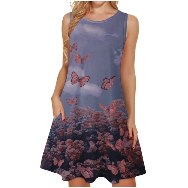 Mujeres verano casual sin mangas cuello redondo gradiente impreso bolsillo manga vestidos vestido suelto OAVQHLG3B Store lin121212