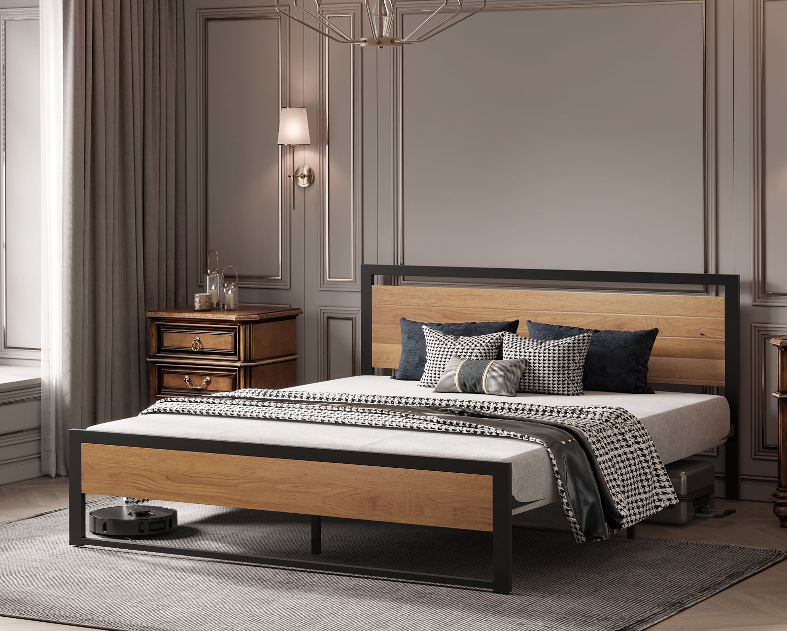 Queen Size Bed Frame Steady Steel Platform with Wood Headboard/Footboard