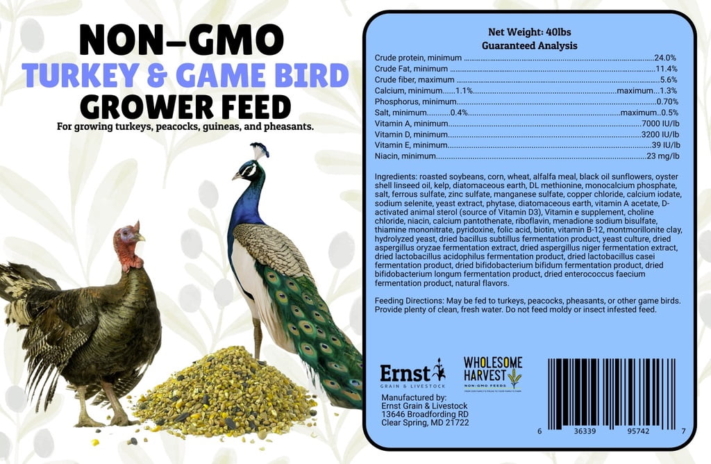 Wholesome Harvest Non-GMO Turkey & Game Bird Grower 24% for Growing Turkeys, Peacocks, Guineas, and Pheasants - 40 lb