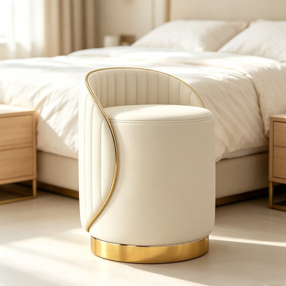 Rotatable Vanity Stool Faux Leather Upholstered Makeup Chair Cream White Single Pack