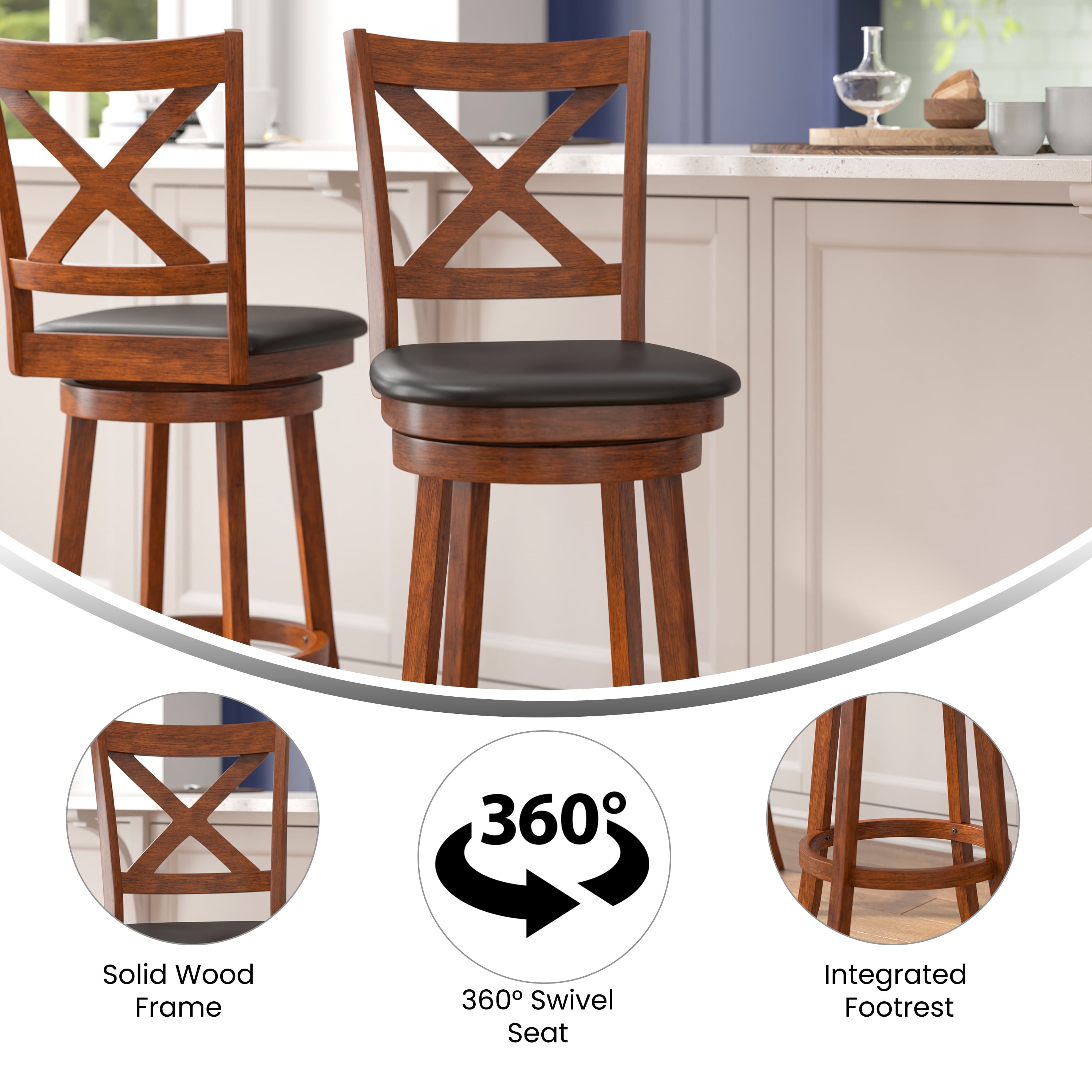 Merrick Lane 30" Antique Oak Classic Wooden Crossback Swivel Bar Height Pub Stool with Black Faux Leather Padded Seat and Integrated Footrest