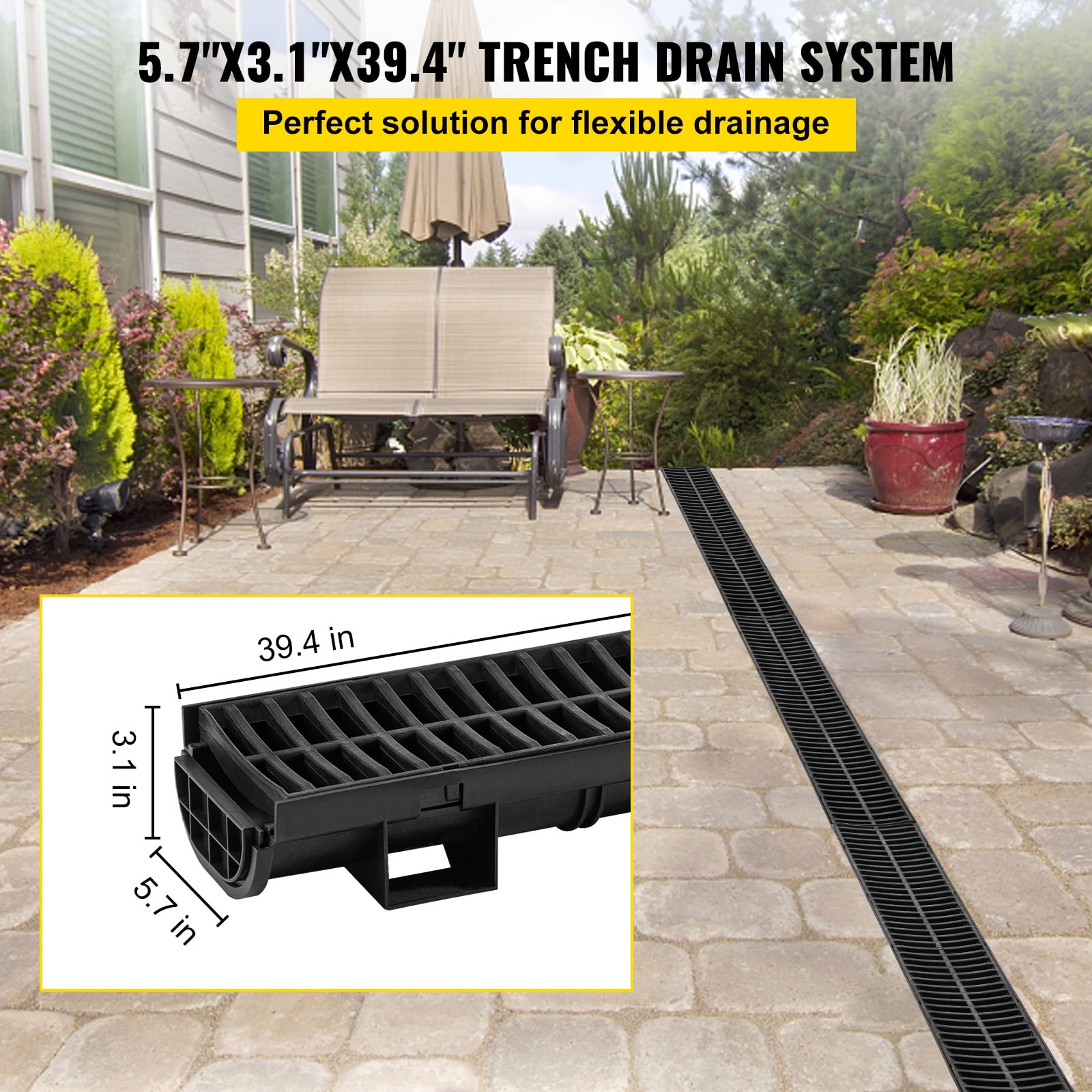 KFFKFF Trench Drain System Channel Drain with Plastic Grate 5.8x3.1" HDPE Drainage Trench, Black Plastic Garage Floor Drain 3x39" Trench Drain Grate