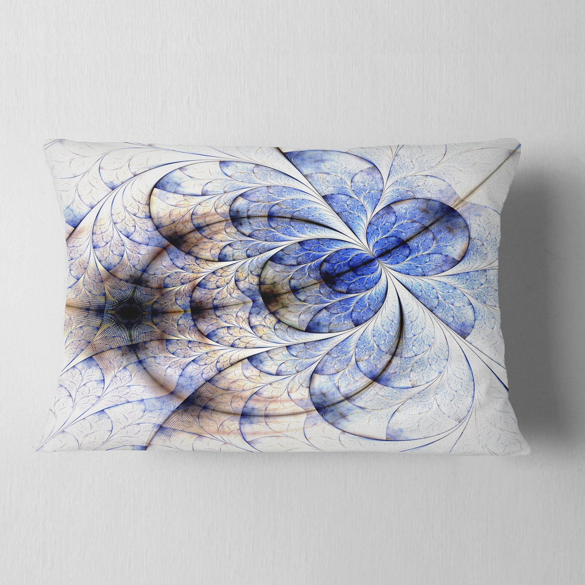 Designart Symmetrical Gold Blue Fractal Flower - Floral Throw Pillow - 12x20
