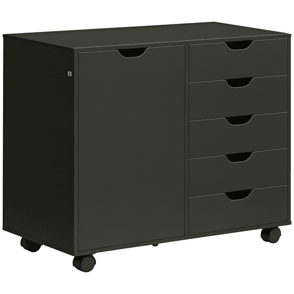 HOMCOM Lateral Filing Cabinet, 5-Drawers File Cabinet with Door and Adjustable Shelf, Mobile Office Storage Cabinet on Wheels, Printer Stand for Home Office, Black