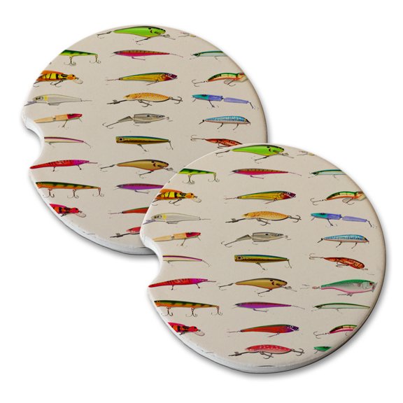 KuzmarK Sandstone Car Drink Coaster (set of 2) - Many Fishing Lure Lures