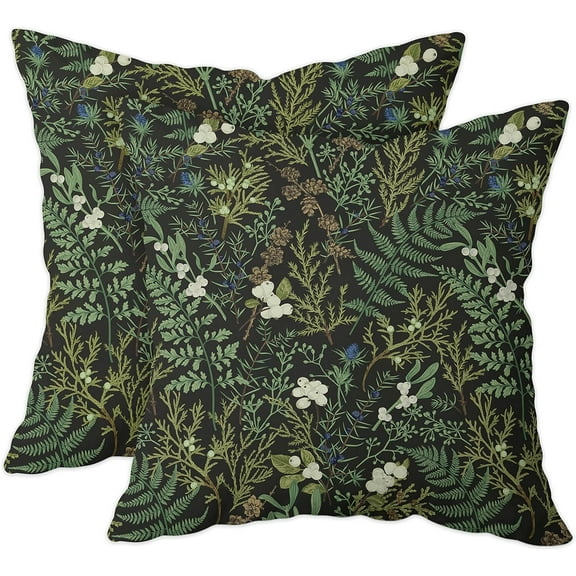Green Throw Pillow Covers 18x18 Inch Set of 2 Black Green Botanical Leaf Pillow Covers Vintage Floral Cushion Cover Farmhouse Waterproof Decor for Living Room Bedroom Sofa Patio Outdoor