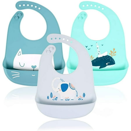 

3 Pcs Waterproof Silicone Feeding Bibs for Baby & Toddlers Unisex Wipe Clean with Wide Food Crumb Catcher Pocket