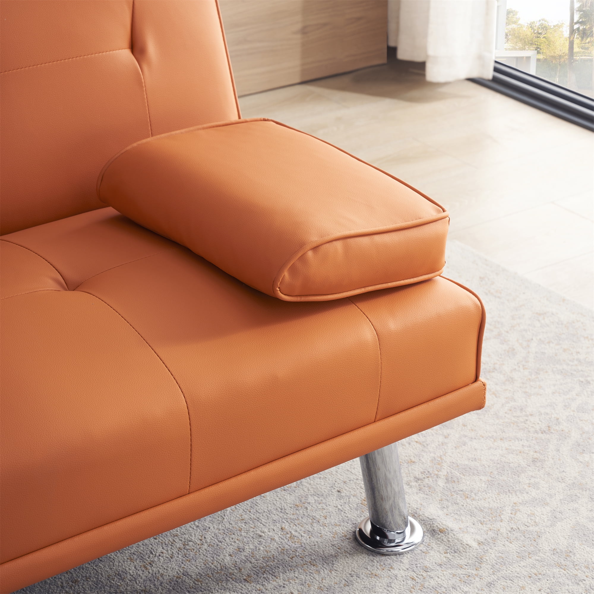 Orange Sofa Bed Velcro Fixed Arms Sleeper Loveseat w/ Coffee Table