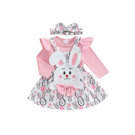 

Suealasg 3pcs Infant Girl Easter Skirt Sets 3M 6M 9M 12M 18M Baby Girls Spring Birthday Party Dress Long Sleeve Romper +Bunny/Easter Egg Print Suspender Skirt + Headband Sets