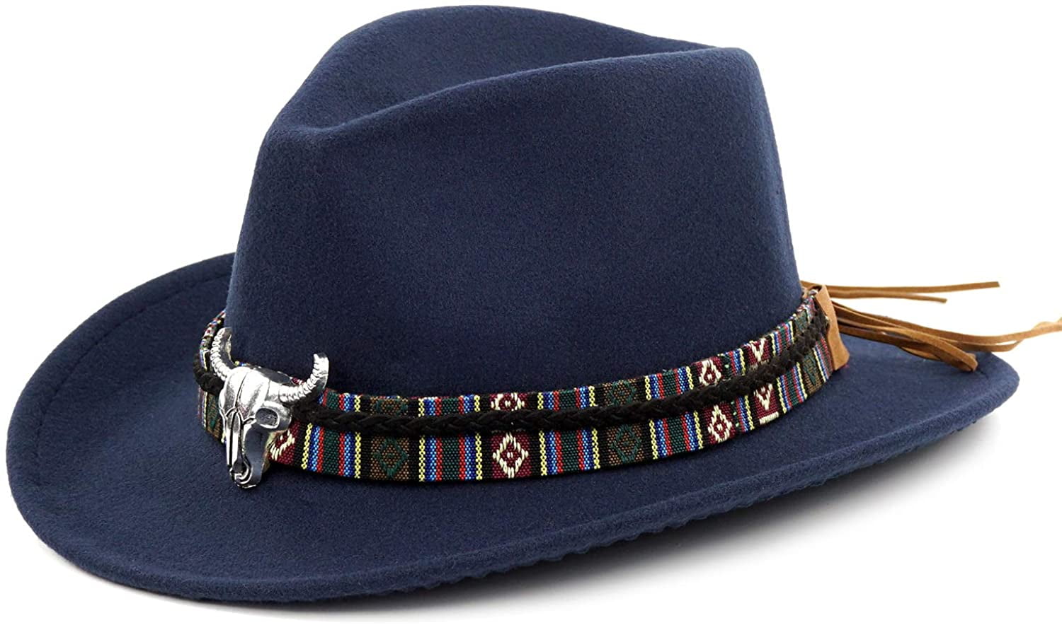 Wide Brim Blue/White Band Black Faux Felt Western Cowboy Fitted Hat 