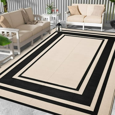 Outdoor Rug 8x10 Ft Waterproof Plastic Straw Rugs for Patio,RV,Beach,Camping, Backyard,Porch, Picnic, Black&Beige