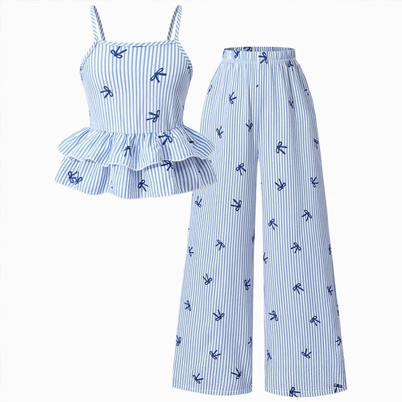 mgoYE Girl Summer Clothes Linen Outfit Bows Ruffled Shirts Pant Set Princess Outfit Short 8 9 10 11 12 Years Size 11-12 Years