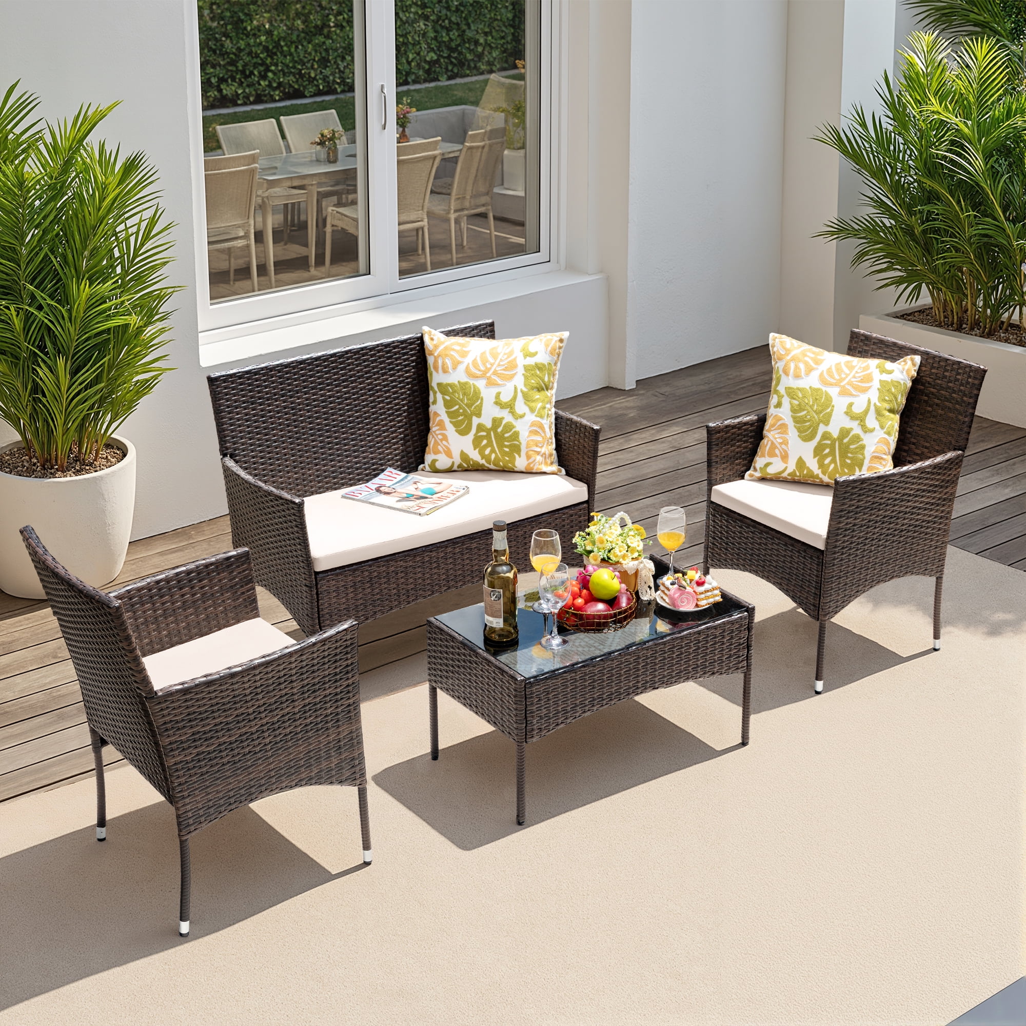 Lacoo 4 Pieces Patio Furniture Set Outdoor Conversation Wicker Rattan Chairs Seating with Cushion and Glass Table Weather-Resistant for Garden Backyard Porch, Brown