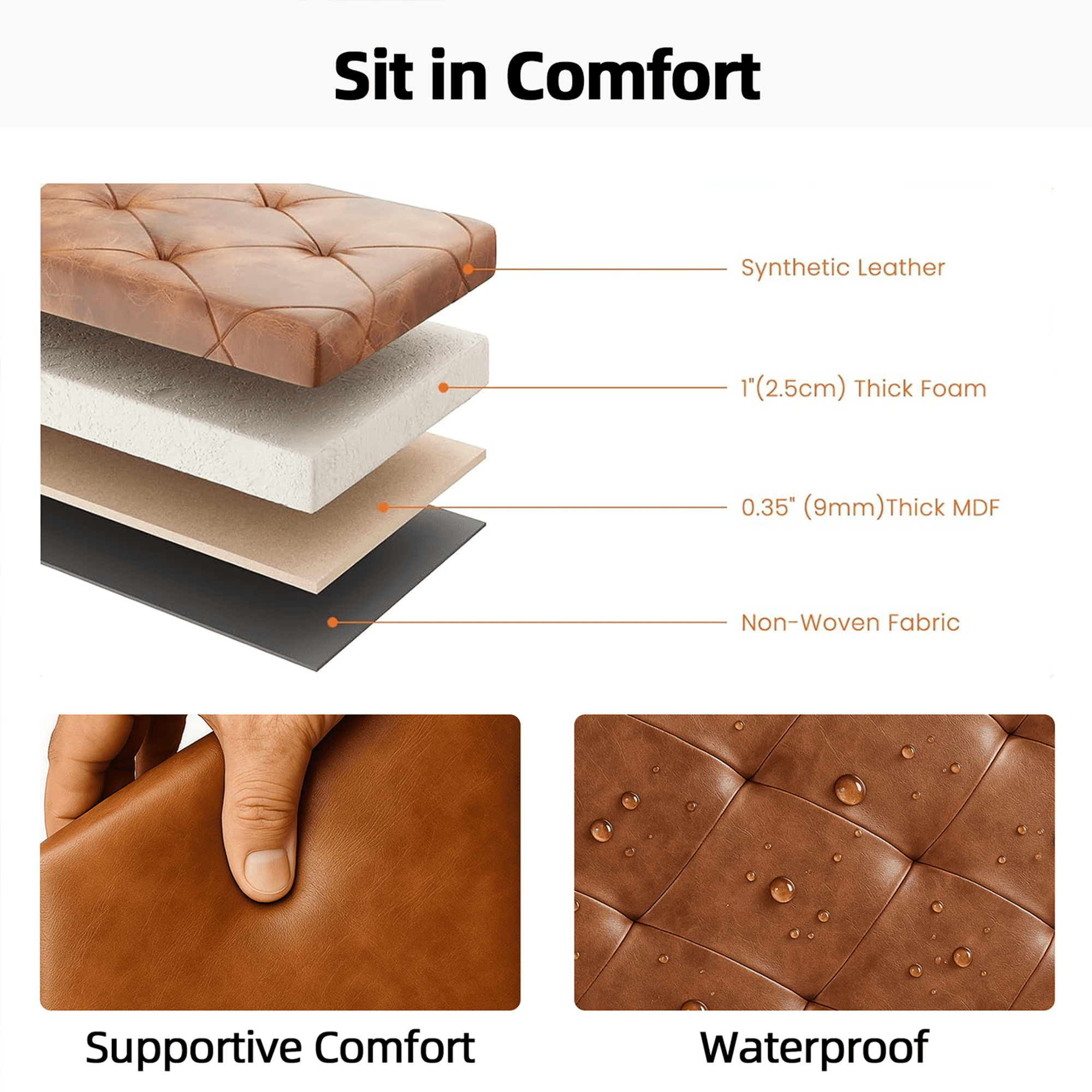 CONCETTA 43" Storage Ottoman – Foldable Faux Leather Stool with Storage, 660 lb Capacity, for Bedroom, Living Room, Entryway, Brown