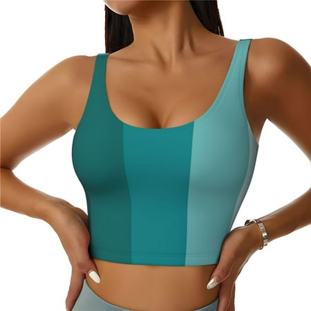 Qokaie Teal Color Pattern Womens Scoop Neck Sports Bra Breathable Workout Vest Padded U Back Medium Impact Fitness Gym Yoga Bra Workout Crop Top-Large