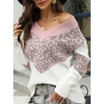 thumbnail image 4 of Womens Striped Sweater Casual Leopard Long Sleeve V Neck Chunky Knit Drop Shoulder Pullover Jumper Tops Pink S, 4 of 8