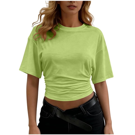 GUACER No Boundarie Womens Short Sleeve Blouses Ruched Crop Tops Sexy Side Gathering T-Shirt, Summer Casual Crewneck Cropped Tee