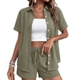 thumbnail image 2 of Linen Short Sets for Women Summer 2 Piece Casual Lounge Sets Button Down Shirt and Drawstring Shorts Outfits, L, 2 of 5