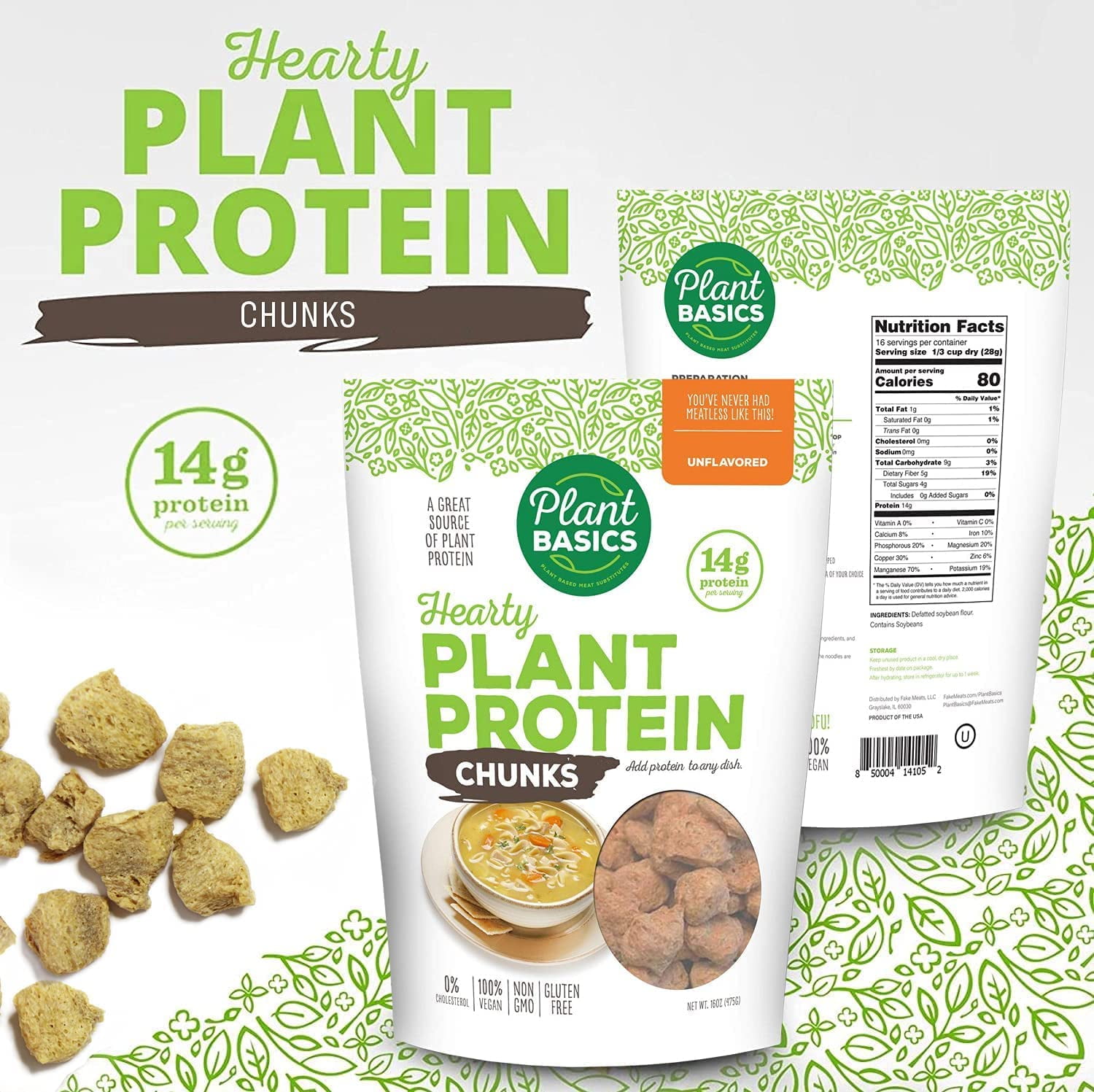 Plant Basics - Hearty Plant Protein - Unflavored Chunks, 1 lb (Pack of 3)