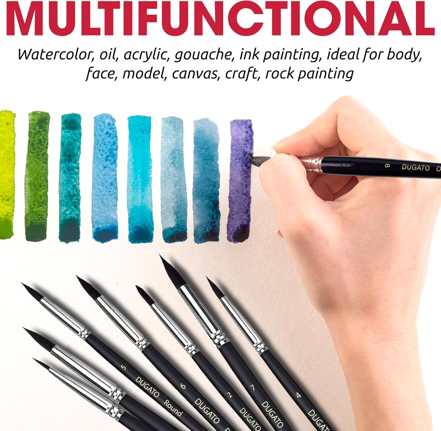 JJEAN-Watercolor Brushes Professional, 12pc Artist Paint Brush Set - Synthetic Bristles (Round, Flat, Liner, Oval) for Watercolor Gouache Inks Painting