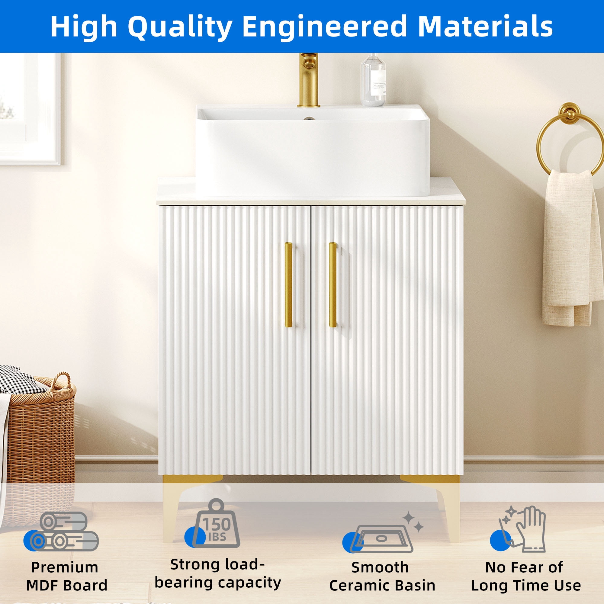 Uforic 24 Inch Bathroom Vanity with Countertop Sink Combo, Modern Bathroom Storage Cabinet with Drain, White and Gold