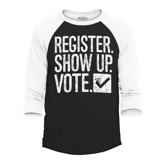 Shop4Ever Men's Register Show Up Vote Political Raglan Baseball Shirt X-Small Black/White