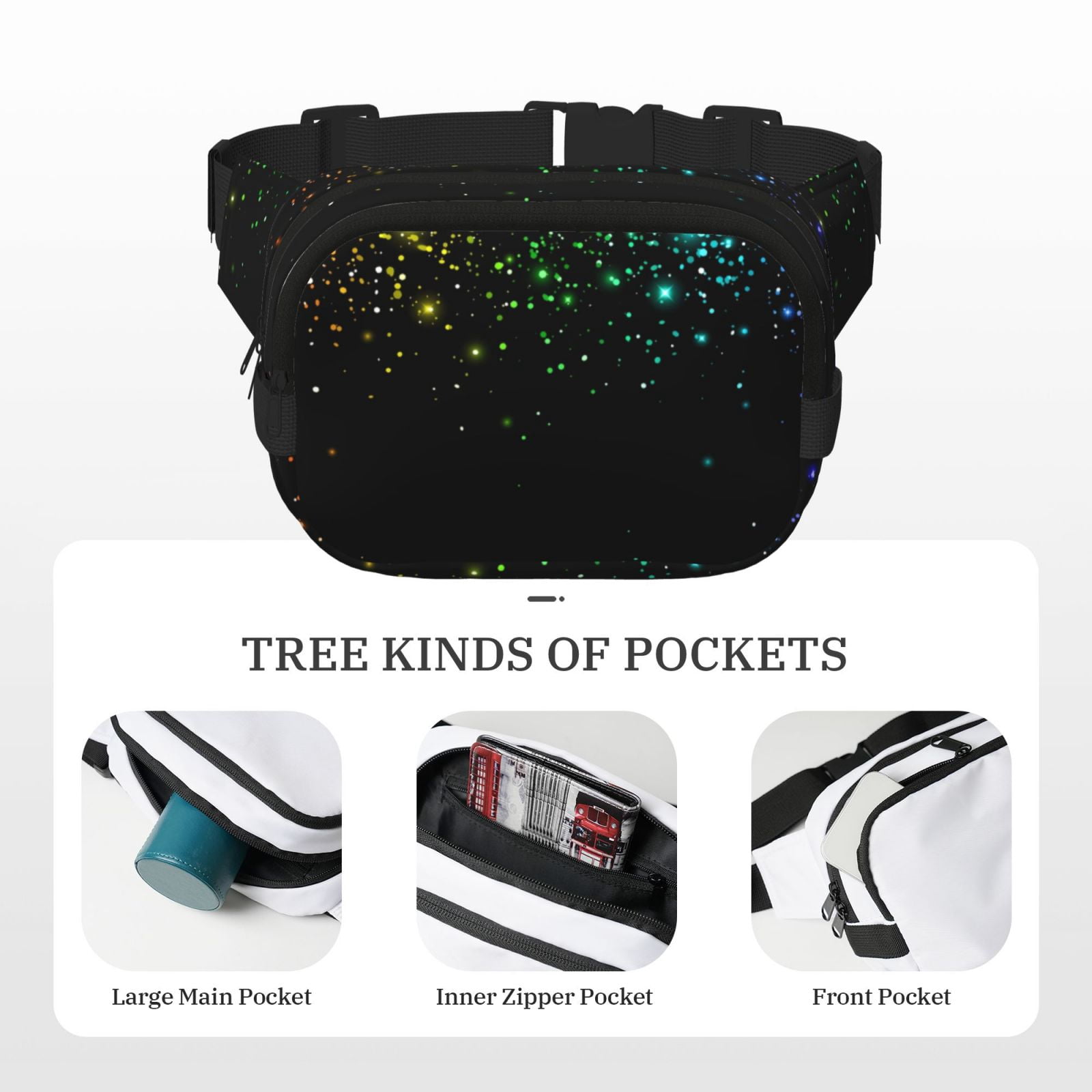 Picia Night Rainbow Sparkles Print Square Double-Layer Waist Bag Mini Adjustable Waist Belt Bag Exercise Running Travel Hiking