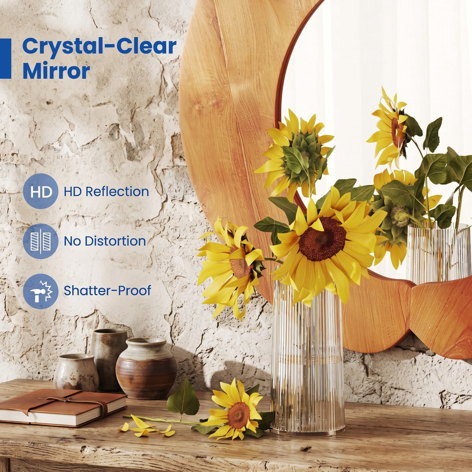 ALPULON 29 Inch Round Rustic Hanging Vanity Mirror with Solid Teak Wood Frame, Waterproof Wall Mounted Bathroom Decor Mirror for Entryway Bedroom, Natural Brown