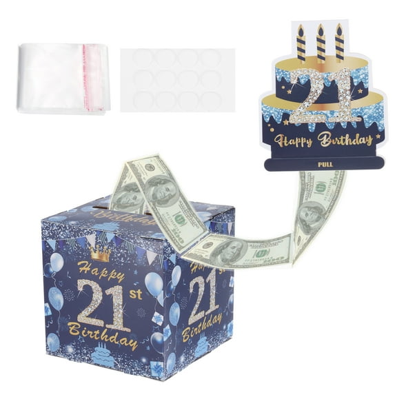21th Birthday Money Box for Cash Gift, Birthday Money Pull Box with 100pcs Transparent Bags for Birthday Surprise Card Party Decorations Women Girl Men Boy Best Friend, Blue