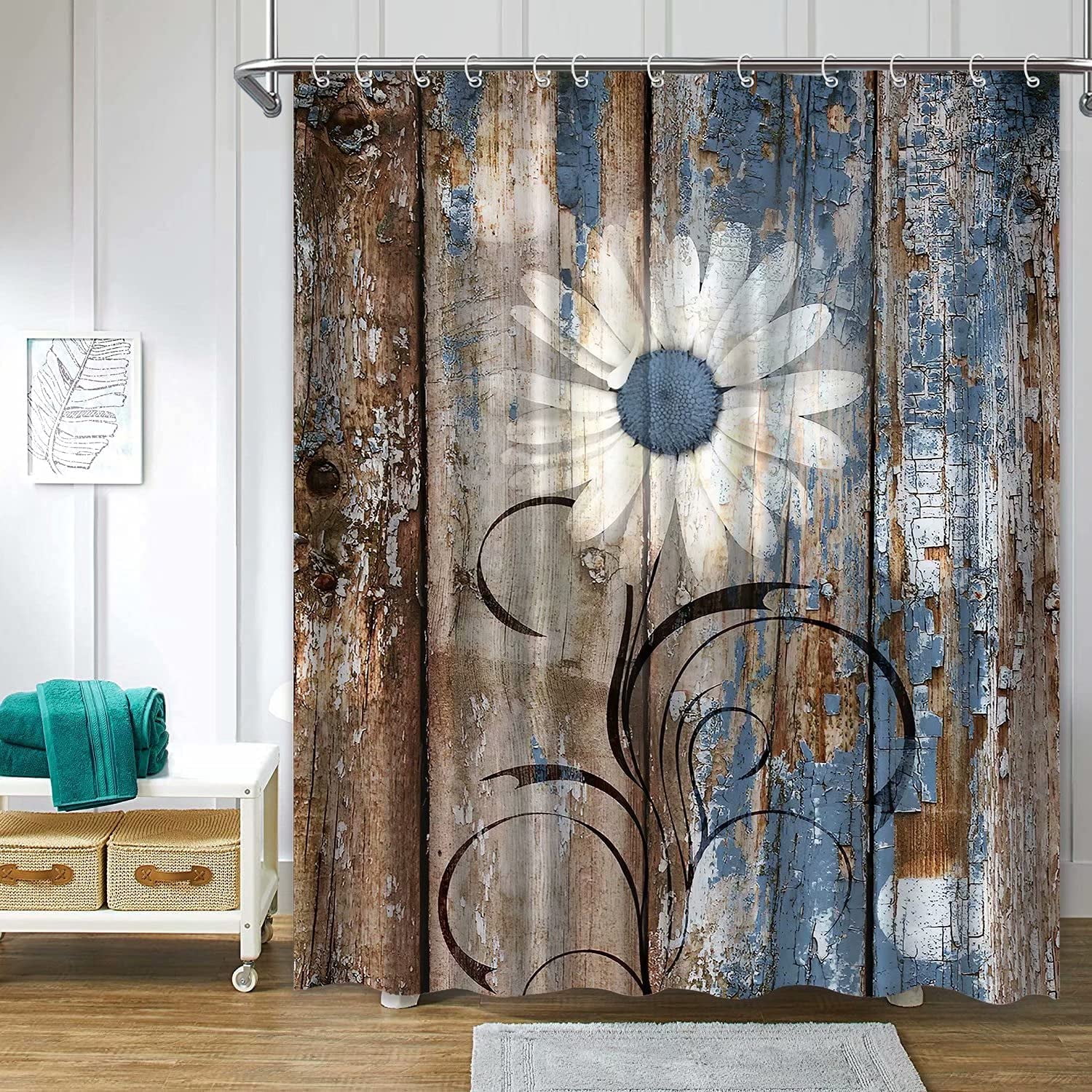 Daisies and Wooden Board Shower Curtain Complete Bathroom Set Waterproof 