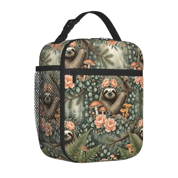 Sloth Lunch Bag Insulated Reusable Cooler Tote Portable Meal Prep Bag Side Mesh Pocket Work Office Picnic Travel