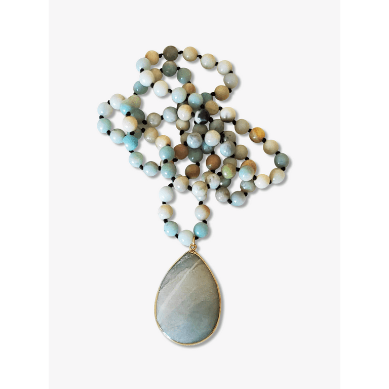 Natural Stone Long Beaded Necklace with Teardrop Pendant Natural Stone Long Beaded Necklace with Teardrop Pendant