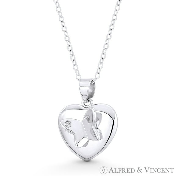 Heart Charm & Butterfly w/ CZ Crystal 20x15mm Pendant & Chain Necklace in .925 Sterling Silver