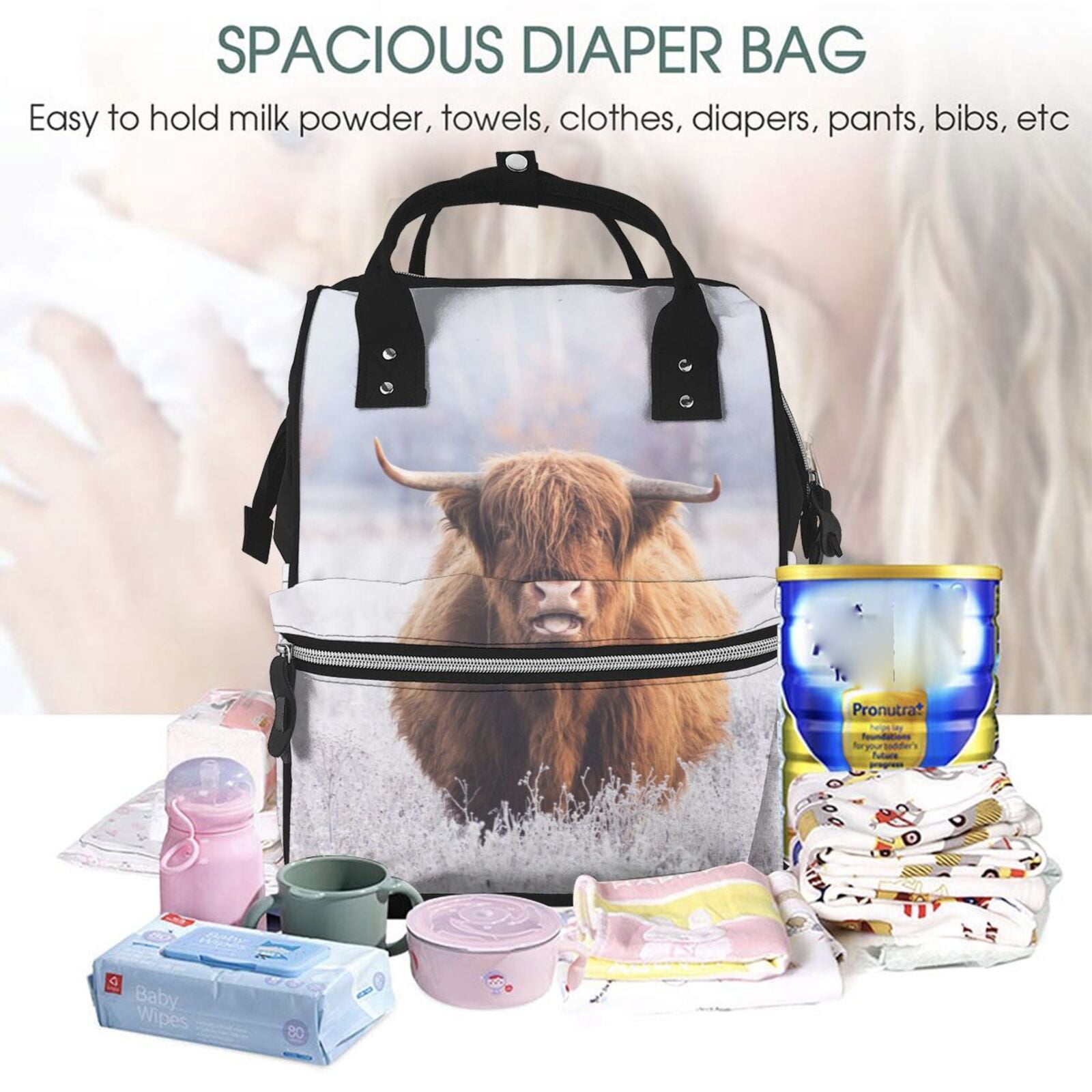 Ratiio Cow Mummy Backpack - Waterproof Twill Canvas, Large Capacity Diaper Bag with Multiple Pockets and Adjustable Straps