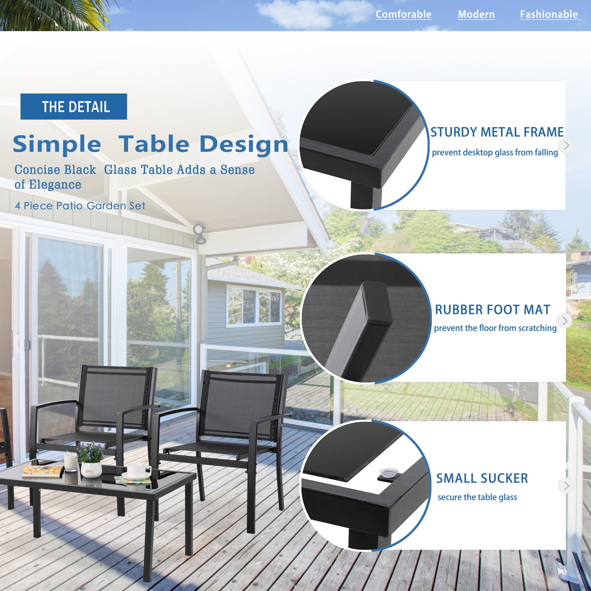 Walsunny 4 Pieces Outdoor Furniture Set All Weather Patio Textilene Steel Conversation Set, Patio Furniture Set Bistro Set with Loveseat ea Table for Lawn and Balcony, Black