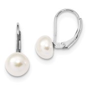 JEWELRYWEB Sterling Silver Rhodium-plated 8-9mm Button Freshwater Cultured Pearl Leverback Earrings - Measures