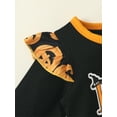 thumbnail image 6 of Seyurigaoka 2 Pcs Baby Girls Jumpsuits Outfit Halloween Pumpkin Letter Printed One-Pieces Long Sleeves Ruffle Romper and Headband Set for 0-24M Toddler Kids, 6 of 9
