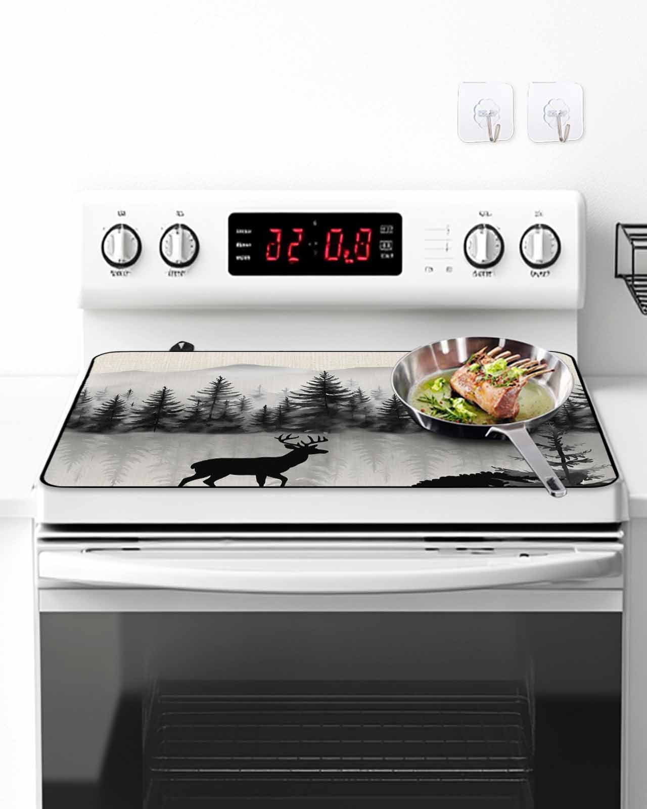 Stove Top Covers for Electric Stove, Deer Forest Glass Stovetop Cover Protector, Farmhouse Vintage Nature Trees Mountain Induction Cooktop Protector Oven Mat for Kitchen Countertop 24"x21"