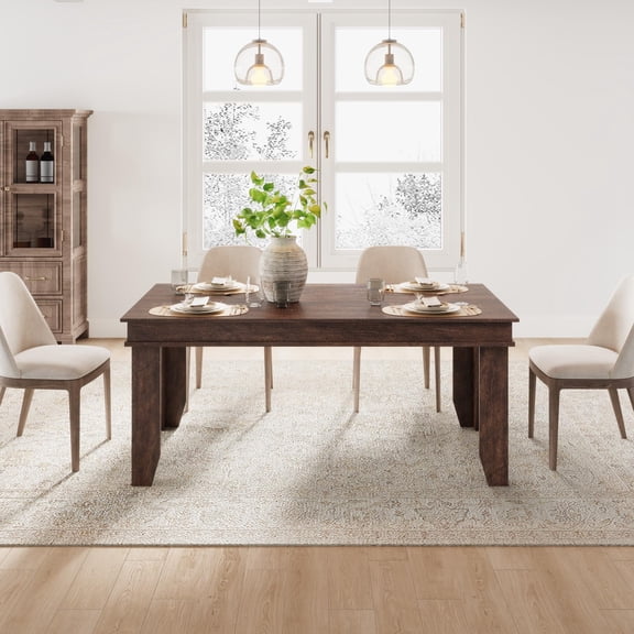 Farmhouse Dining Table for 4-6 People, 63" Long Kitchen Table with Wooden Frame, Large Rectangular Dinner Table for Dining Room Kitchen, Dark Walnut