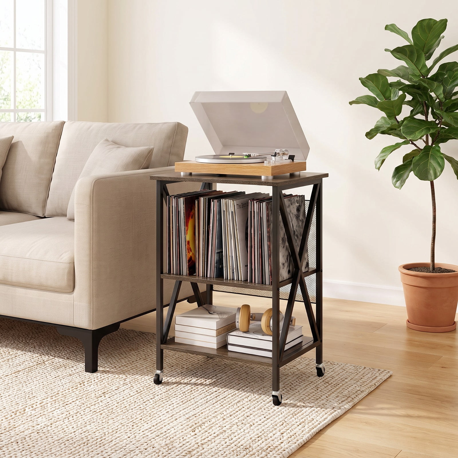Furnibear Mid Century Record Player Stand with Built in Charging Station AC Outlets USB Ports and Removable Dividers for Living Room, Gray
